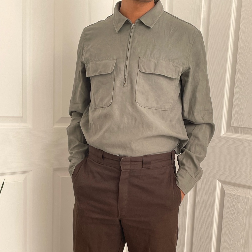 Everlane The Quarter Zip Popover Shirt Dark Sage Green Medium Mens - Picture 6 of 6
